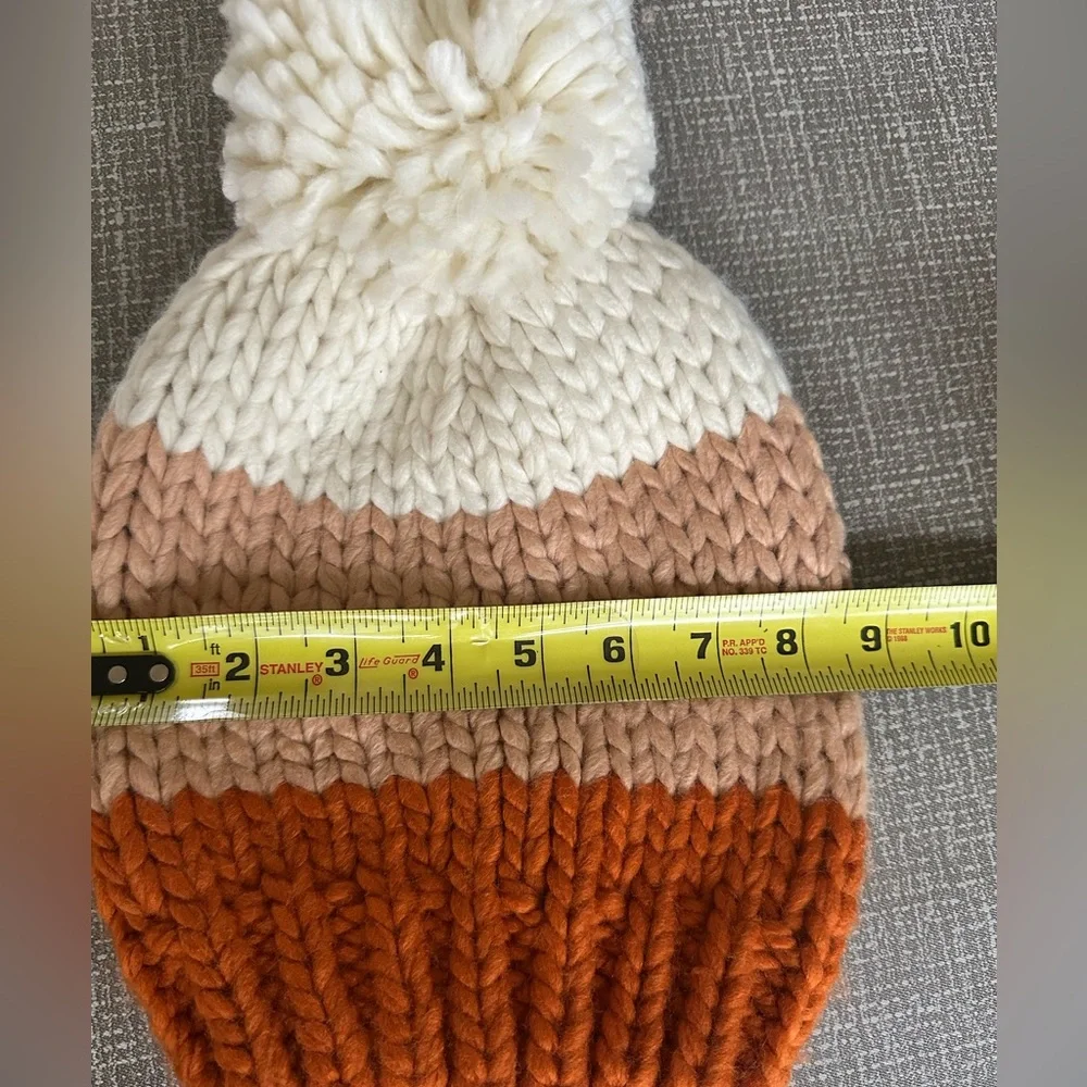 Anthropologie Colorblock Pom Beanie Orange Tan Cream Chunky Knit New with‎ Tags!